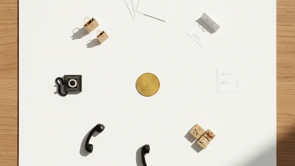 Vista aérea de objetos representando cinco tipos de conversão sobre mesa de madeira.