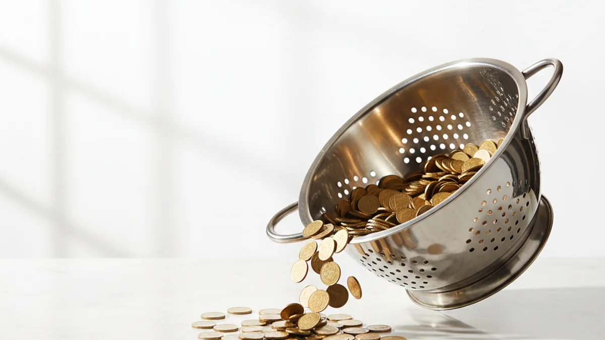 Moedas douradas caindo pelos furos de um escorredor metálico sobre mármore branco.