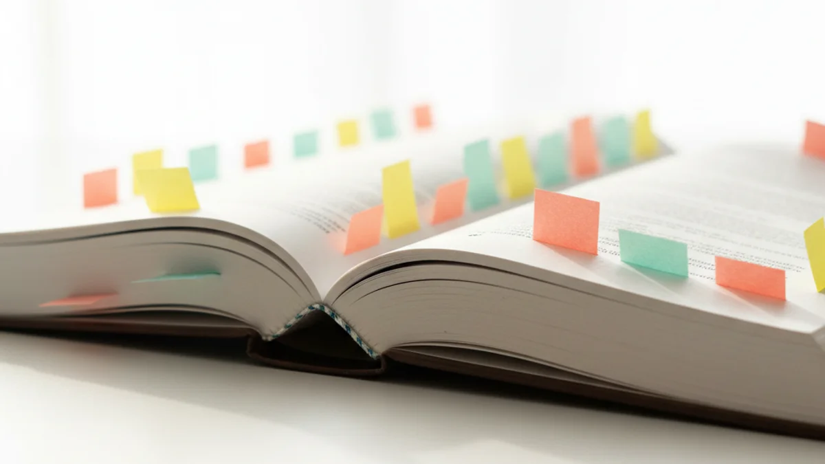 Livro aberto com diversas marcações coloridas nas páginas sobre mesa branca.