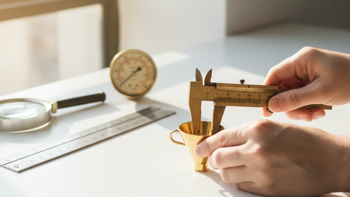 Mãos medindo funil dourado com paquímetro sobre bancada com instrumentos de precisão.