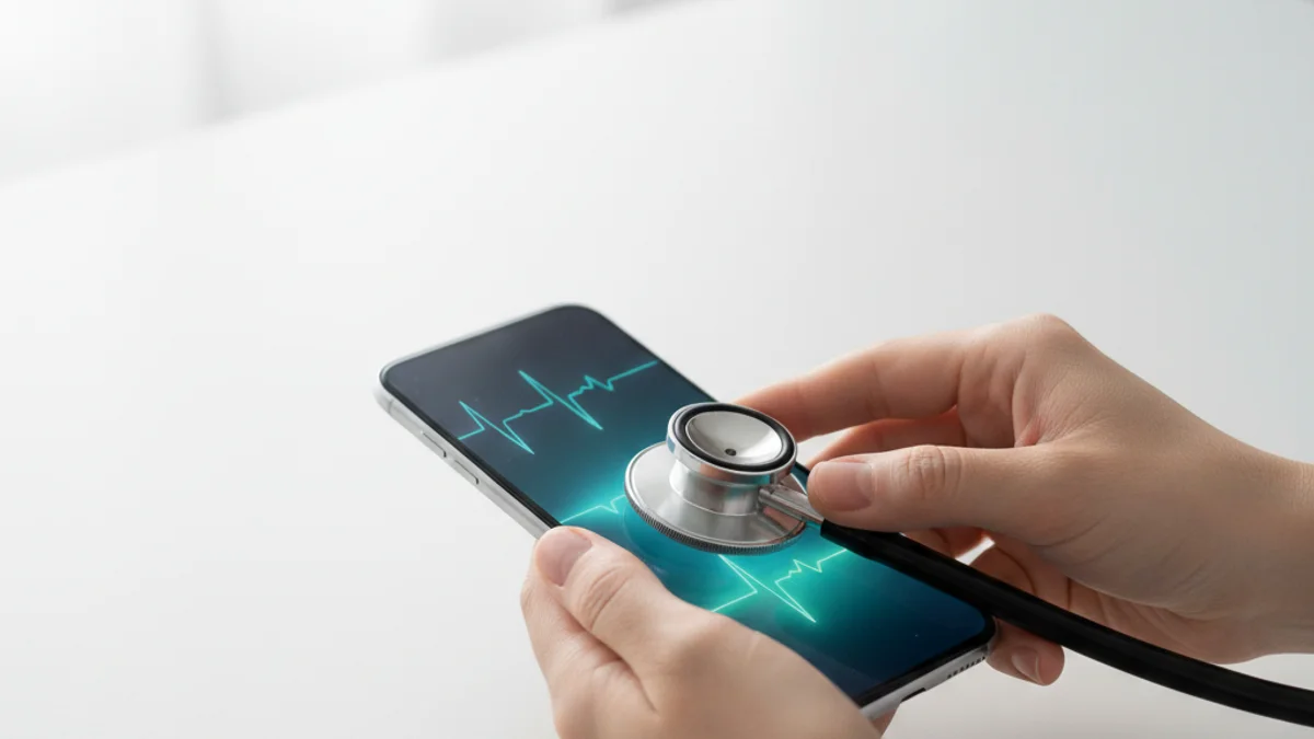 Estetoscópio pressionado contra tela de smartphone simulando diagnóstico de saúde digital.