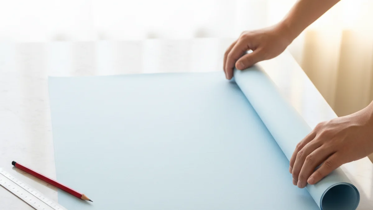 Mãos desenrolando planta arquitetônica em branco sobre mesa com lápis vermelho.