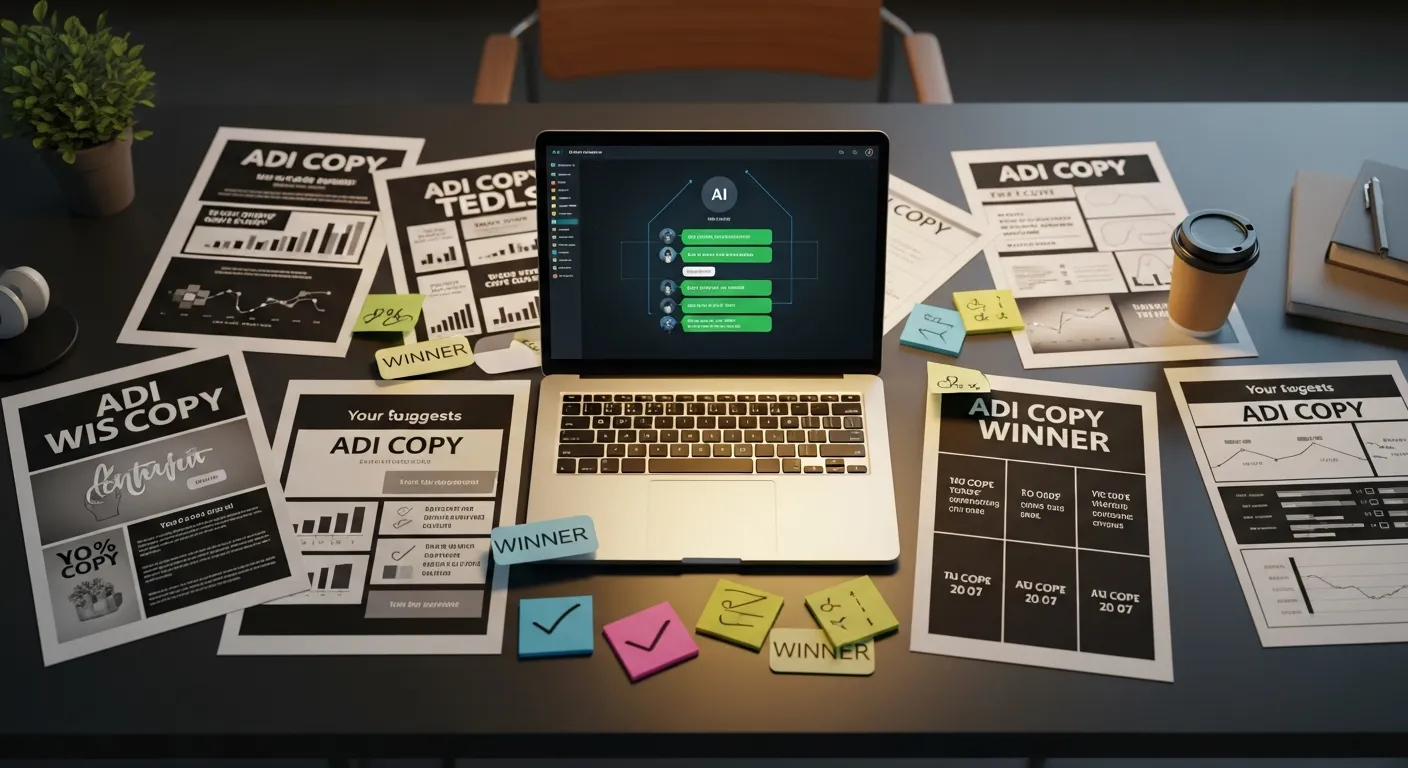 Mesa de trabalho com variações de anúncios impressas e IA gerando copy no laptop