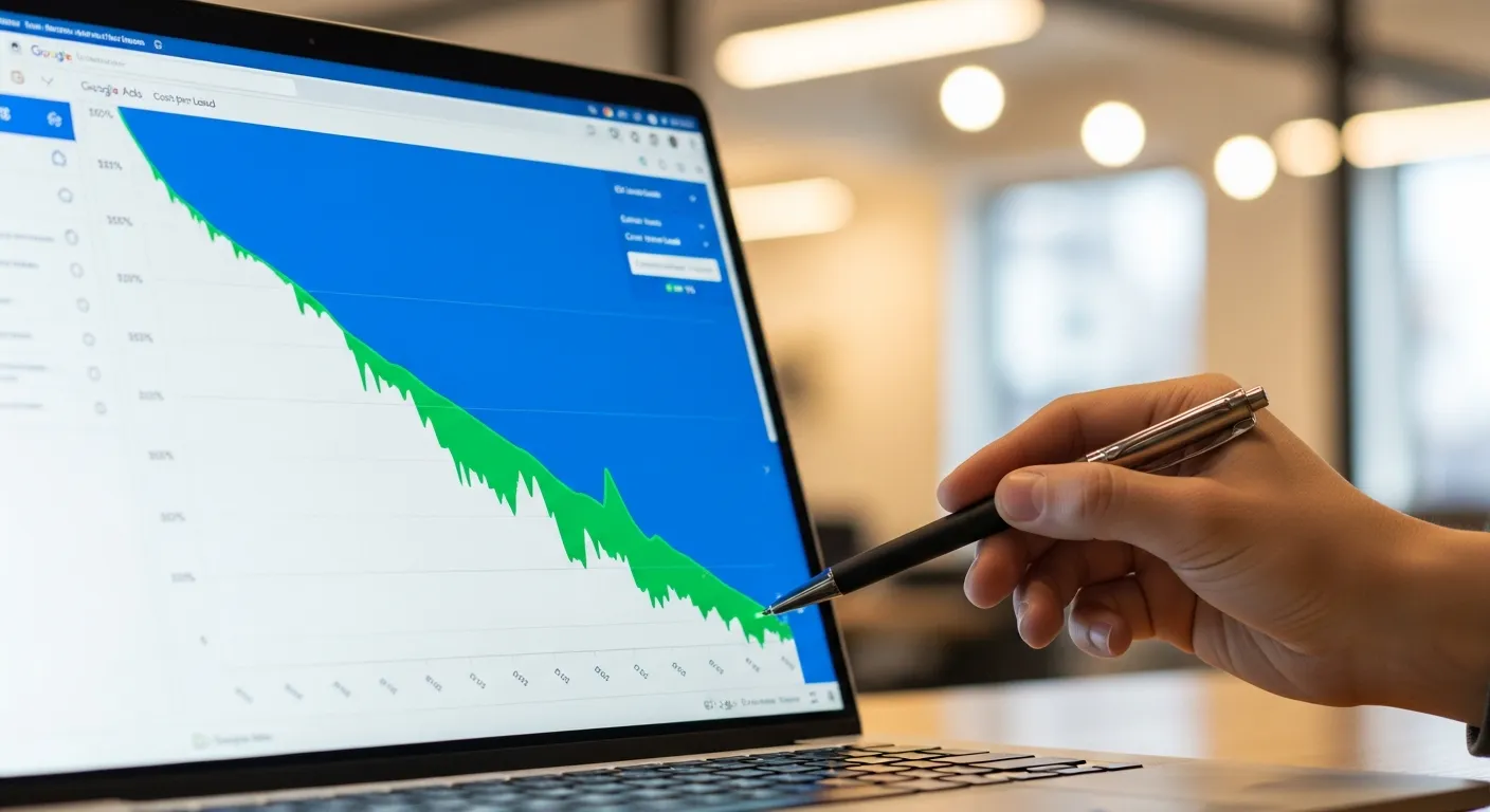 Tela de laptop mostrando gráfico do Google Ads com queda no custo por lead ao longo de 90 dias