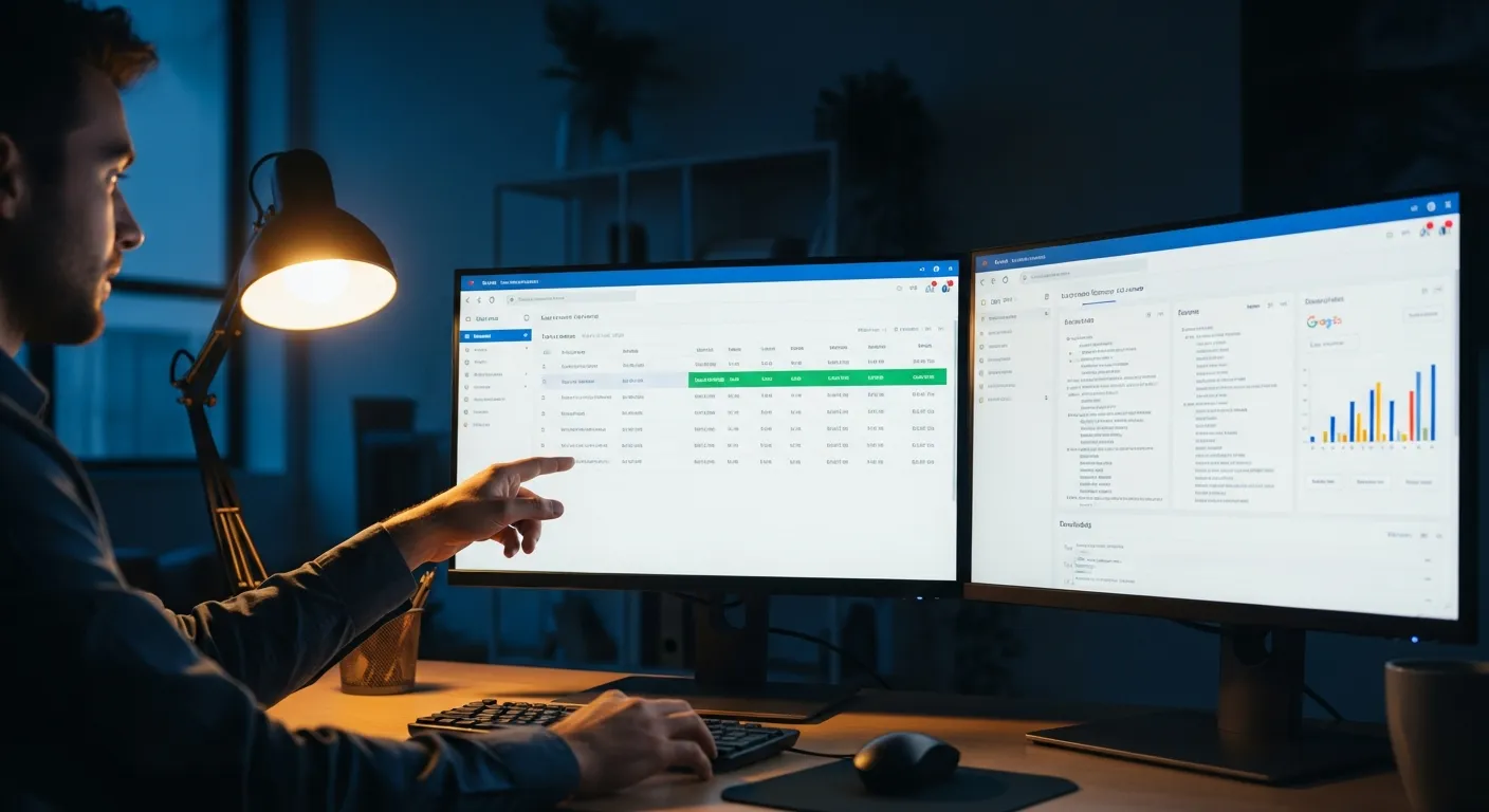 Profissional analisando dados de segmentação preditiva em duas telas com CRM e Google Ads