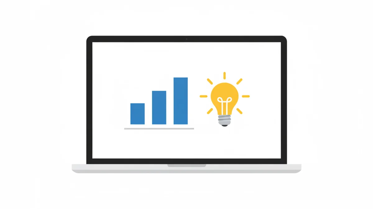 Tela de laptop com gráfico e ícone de lâmpada representando ideia