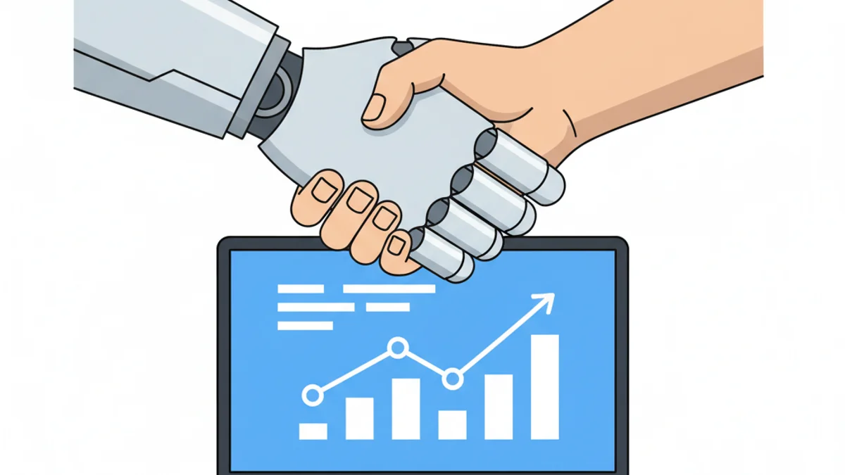 Mão robótica apertando mão humana sobre tela de laptop com dados