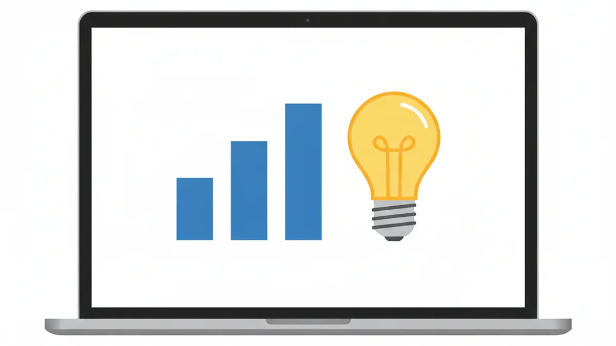 Tela de laptop com gráfico e ícone de lâmpada representando ideia