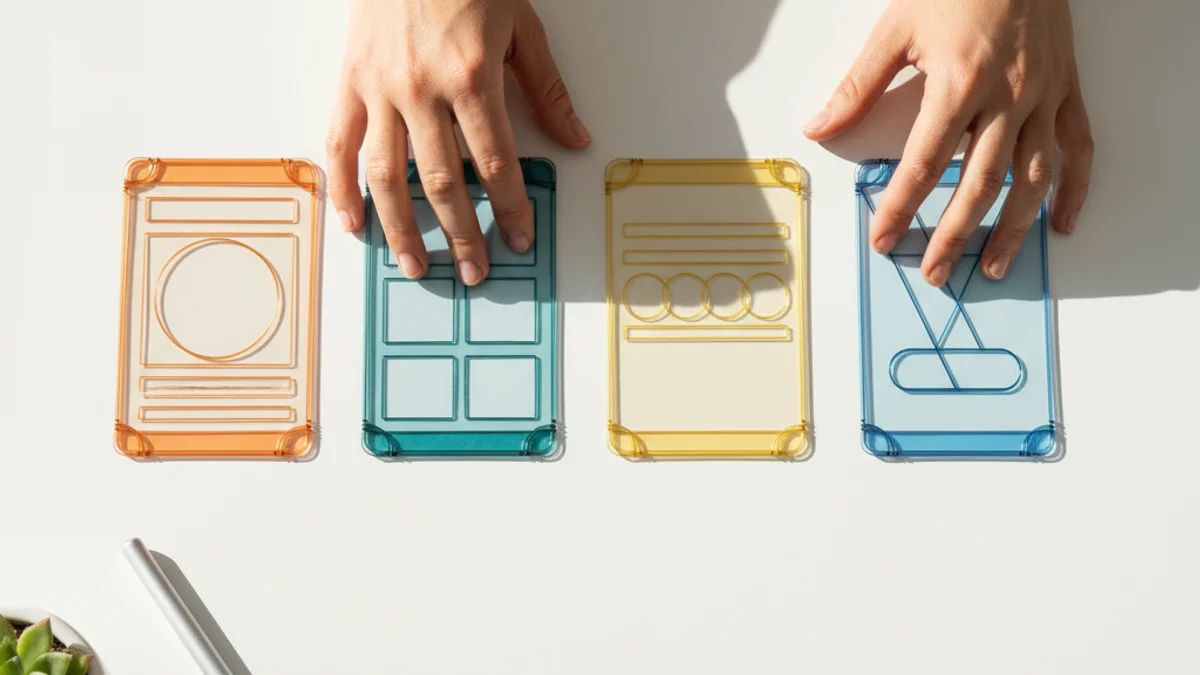 Mãos organizando cartões de wireframe coloridos em sequência sobre mesa branca.