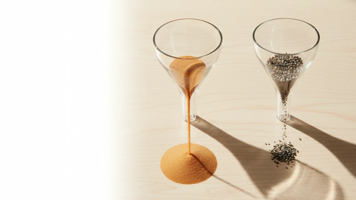 Dois funis de vidro com areia colorida ilustrando fluxo de conversão otimizado.