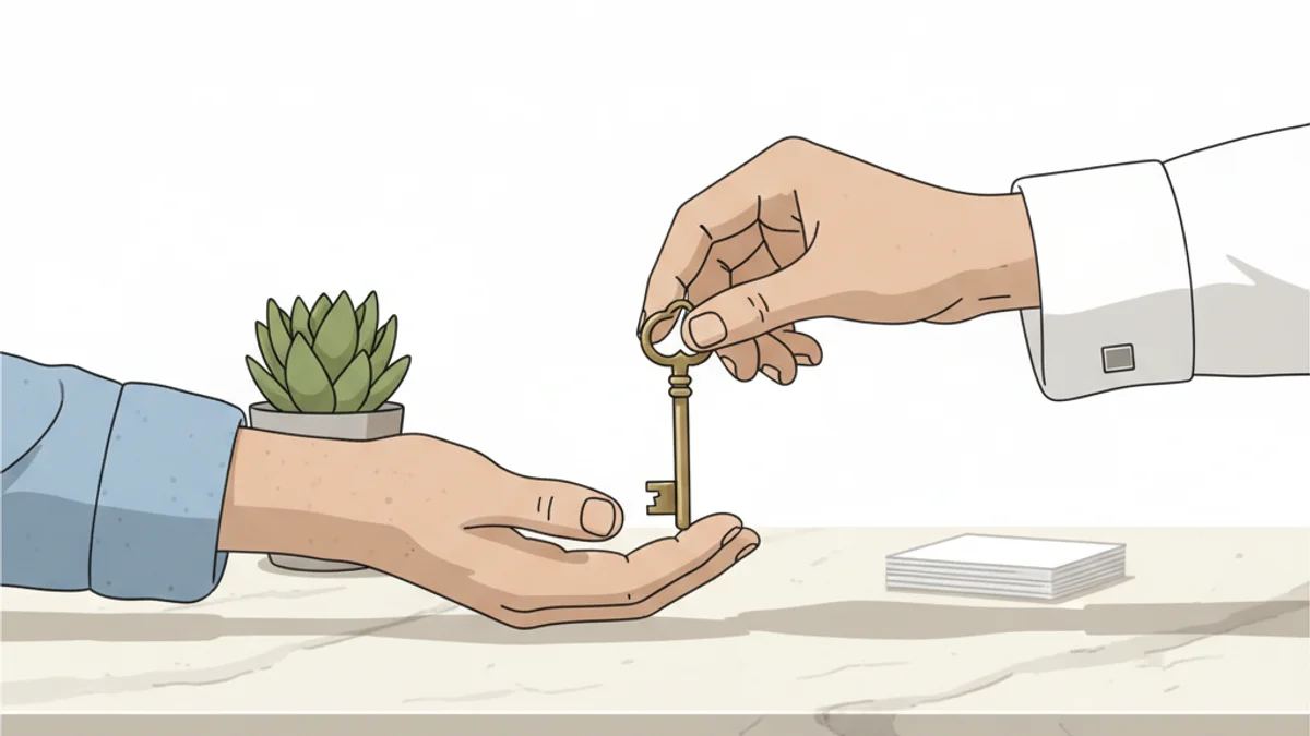 Mãos trocando chave de latão sobre mesa de mármore com luz natural.