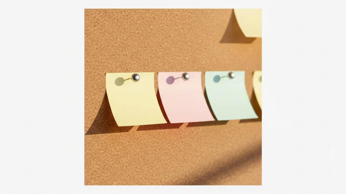 Quadro de cortiça com post-its coloridos presos por tachinhas sob luz natural.