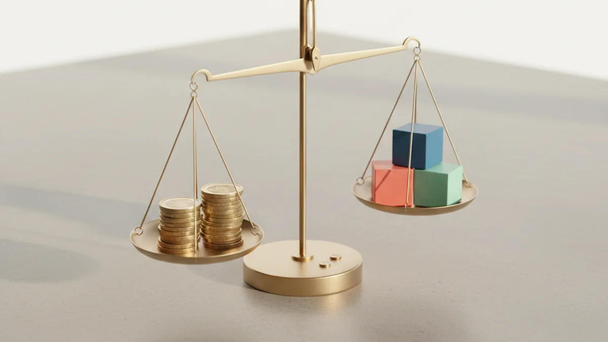 Balança de precisão com moedas de um lado e blocos coloridos do outro.