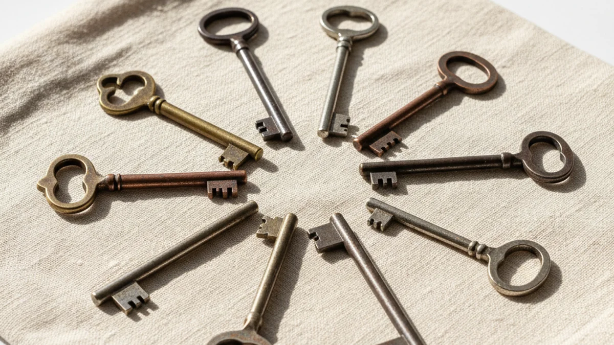 Conjunto de chaves antigas e modernas dispostas em leque sobre tecido de linho.