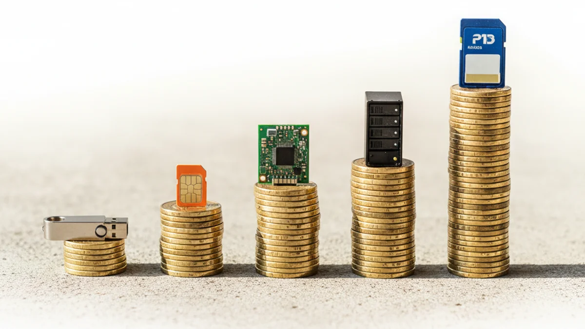 Pilhas de moedas em alturas diferentes com componentes tecnológicos representando custos de um SaaS.