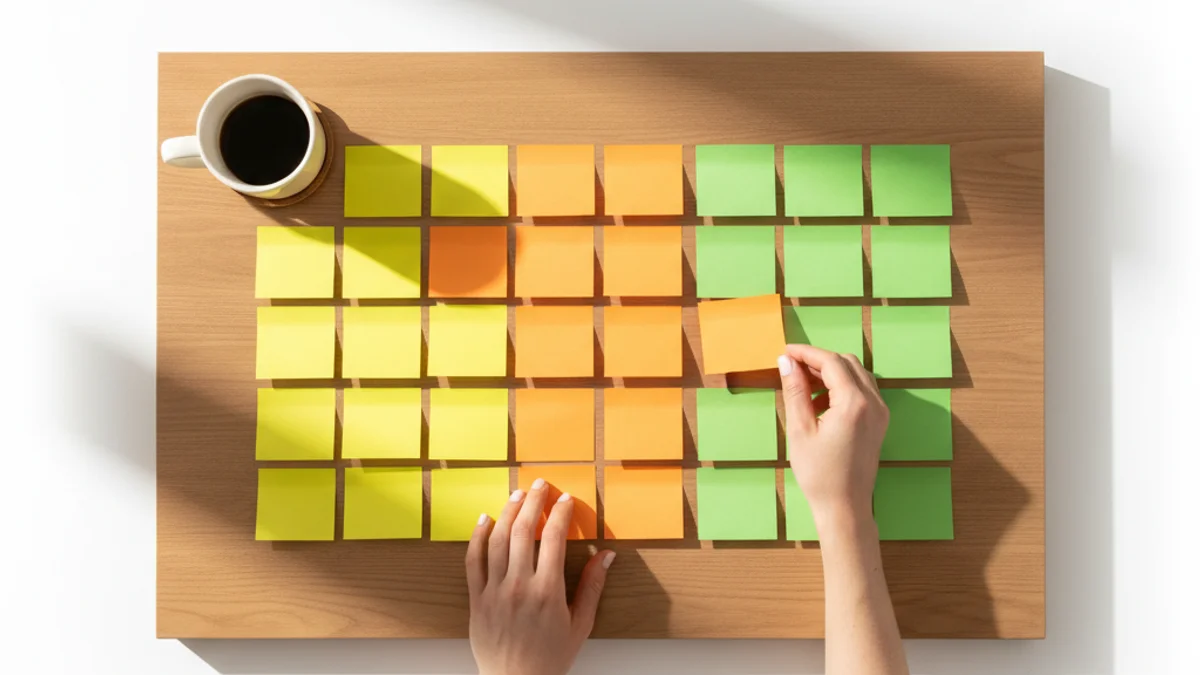 Mesa com cartões físicos organizados em colunas representando etapas do funil de vendas: primeiro contato, qualificação, proposta, negociação e fechamento