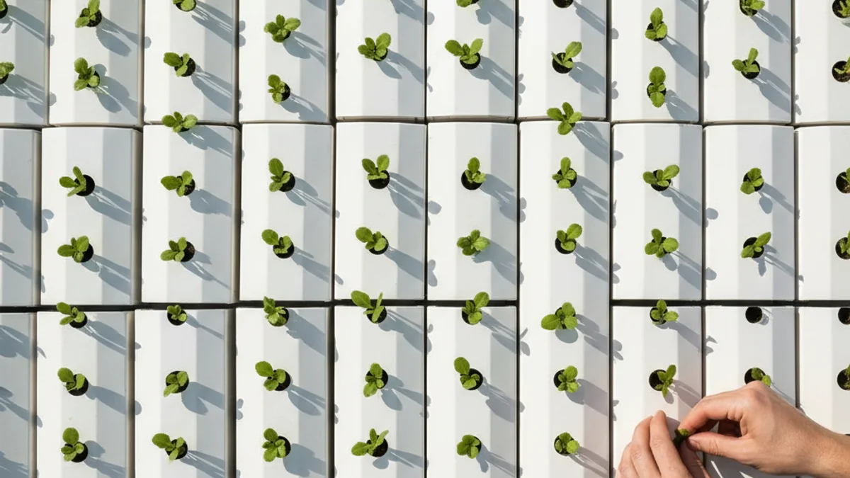 Mãos plantando mudas em bandejas organizadas em fileiras, simbolizando escala sistemática de vendas.