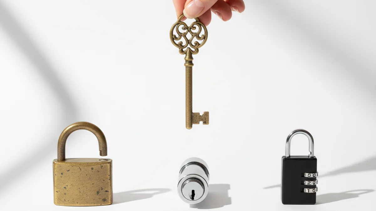 Mão segurando uma chave dourada acima de três cadeados diferentes sobre superfície branca.