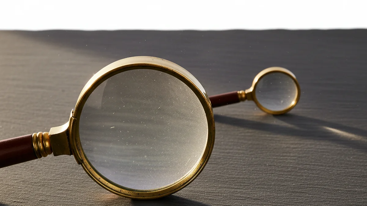 Três lupas de latão antigo sobre superfície de ardósia escura com iluminação lateral dramática.