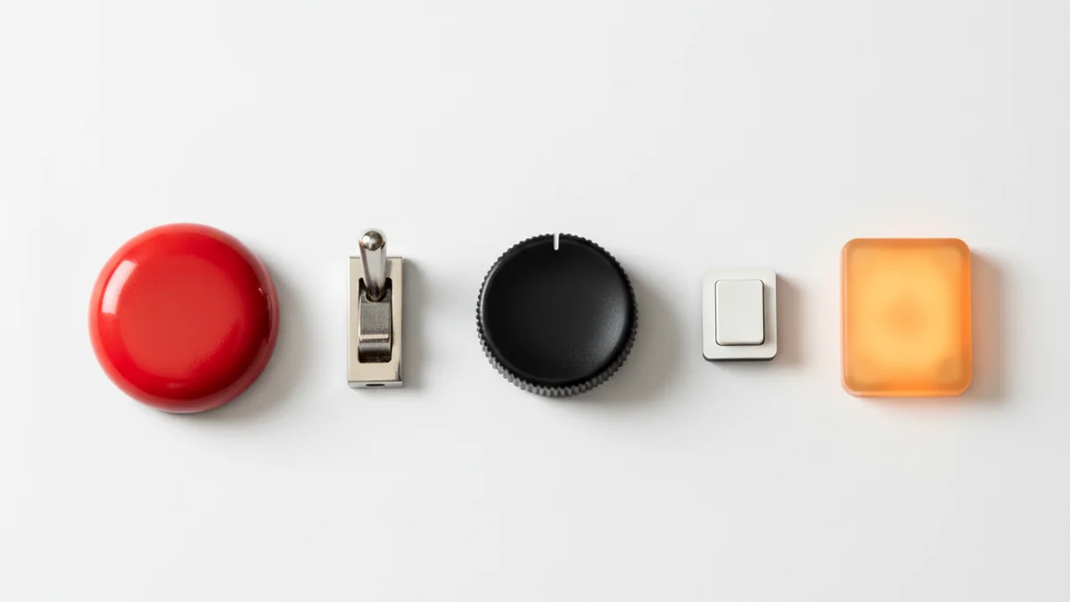 Cinco tipos diferentes de botões e interruptores físicos enfileirados sobre superfície branca.