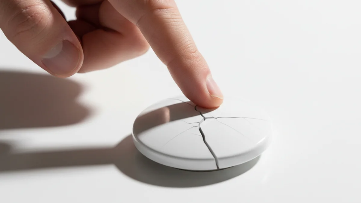 Mão prestes a pressionar botão rachado ao meio sobre superfície branca.