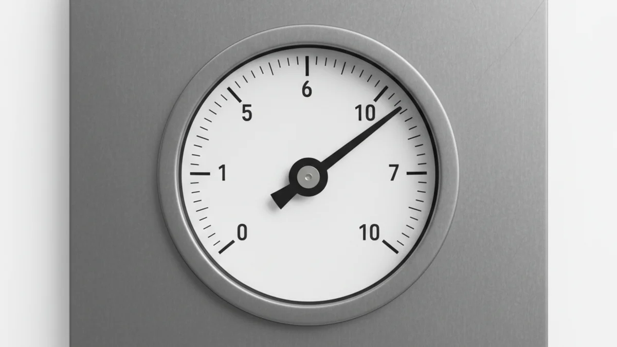 Medidor analógico com ponteiro indicando posição precisa em escala numérica.