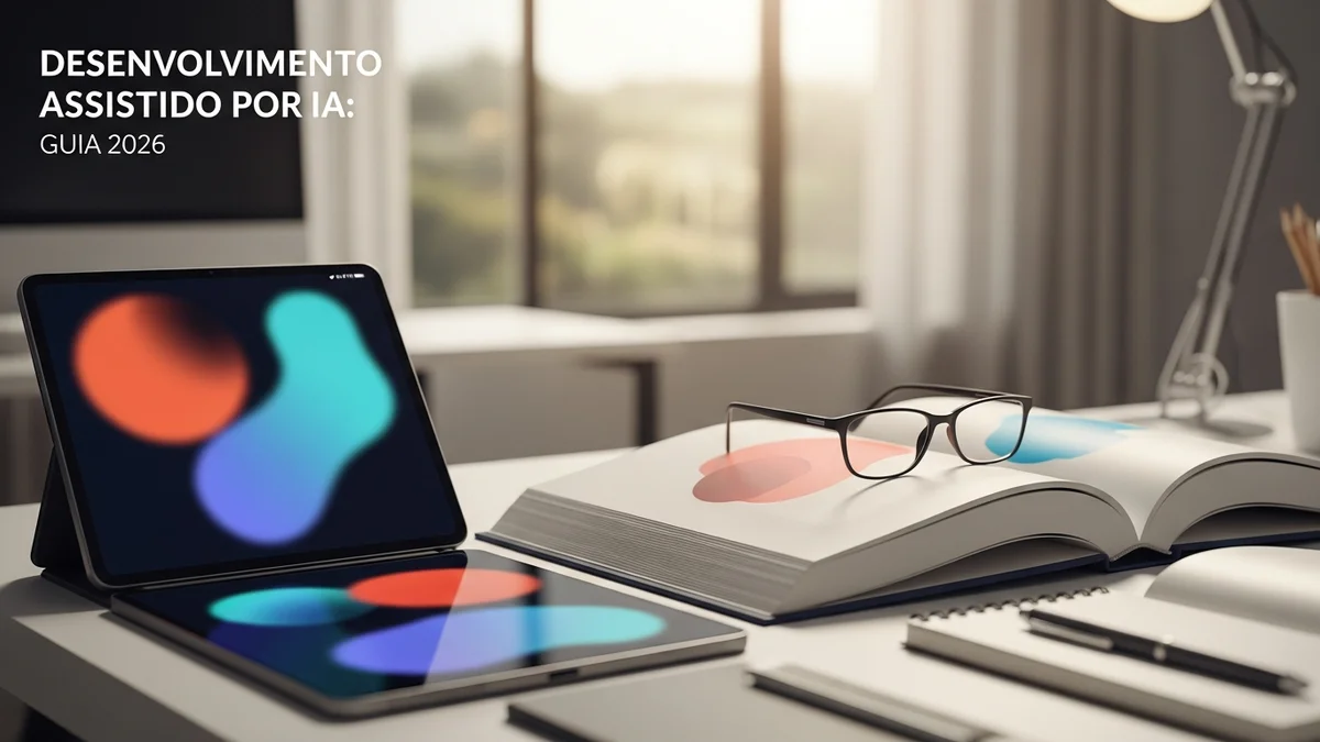 Fluxo de trabalho com IA no desenvolvimento — editor de código com sugestão automática sendo revisada antes de aceitar, tela com diff de alterações