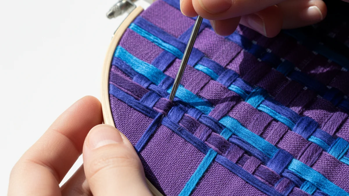 Mãos entrelaçando fitas coloridas em tear de madeira, metáfora de integração estratégica.