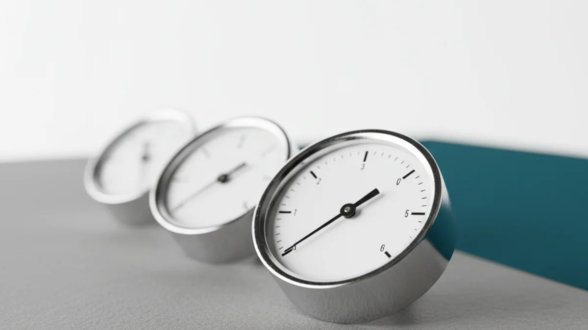 Três gauges analógicos vintage com ponteiros em posições diferentes sobre superfície de concreto.