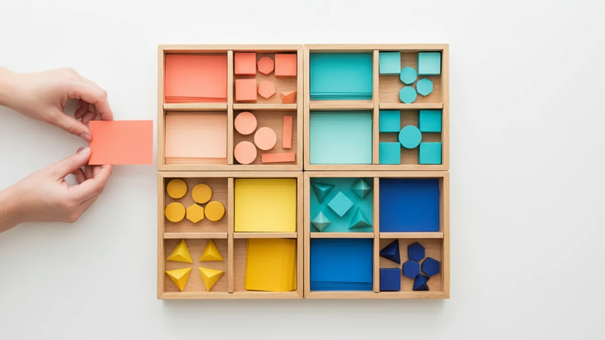 Bandejas de madeira organizadas em grade com cartões coloridos por categoria.