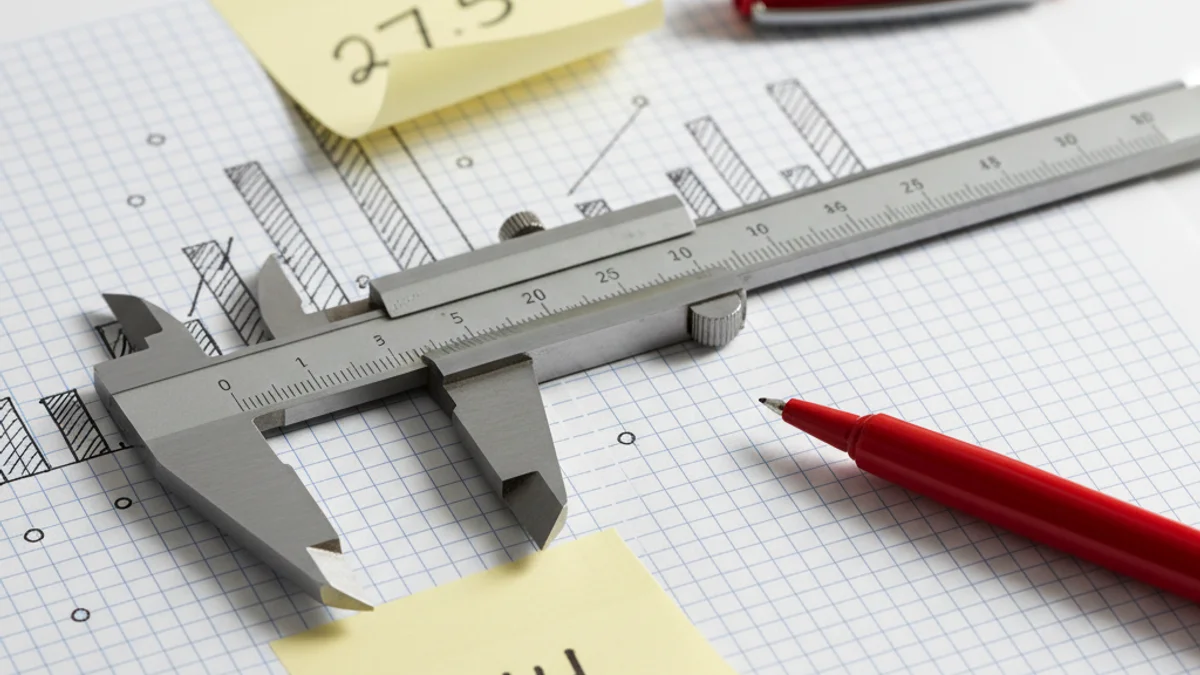 Paquímetro de aço sobre papel com gráficos desenhados à mão e notas adesivas amarelas.