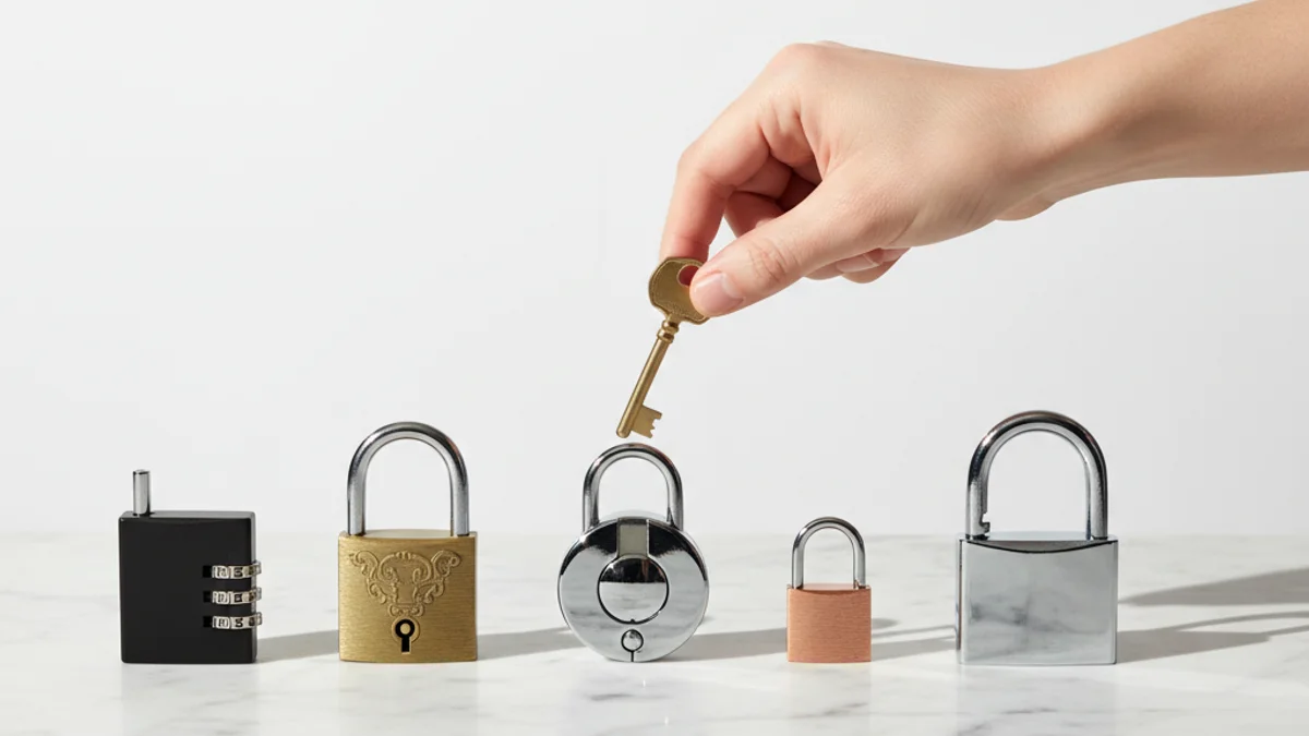 Mão segurando chave dourada sobre fileira de cadeados diferentes em mármore branco.