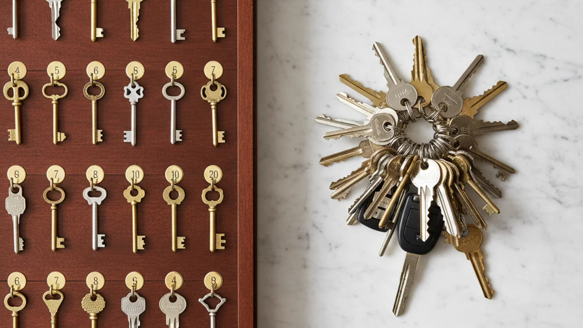 Armário de chaves organizadas ao lado de um chaveiro com muitas chaves embaralhadas.