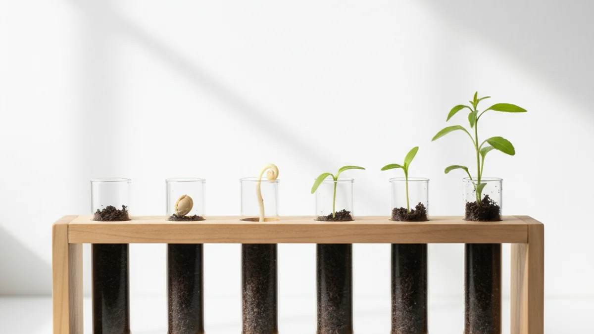 Cinco mudas em estágios crescentes de desenvolvimento em tubos de vidro sobre suporte de madeira.