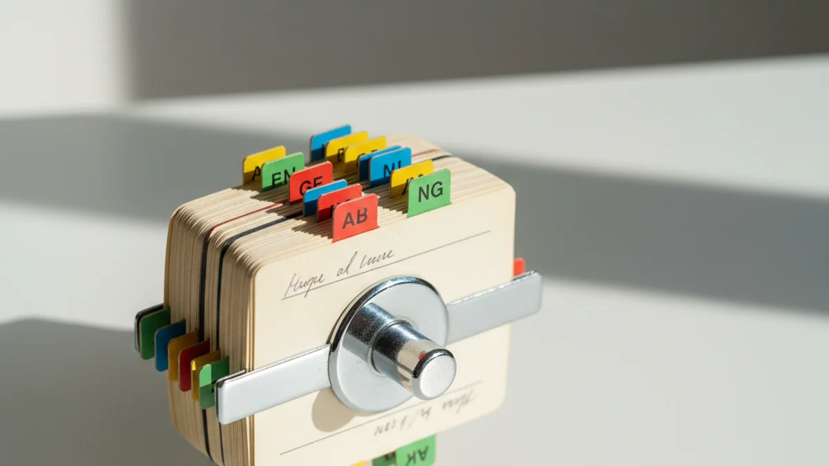 Índice rotativo vintage com abas coloridas abertas em leque, simbolizando perguntas frequentes organizadas.