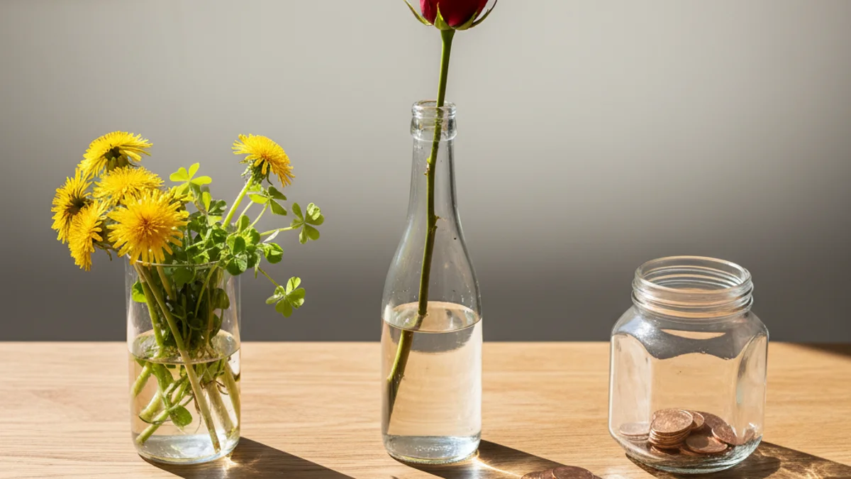 Três recipientes de vidro lado a lado representando earned, owned e paid media.