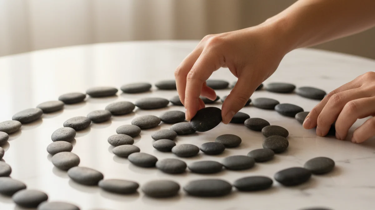 Mãos posicionando pedras em espiral crescente sobre mármore branco, representando esforço consistente.