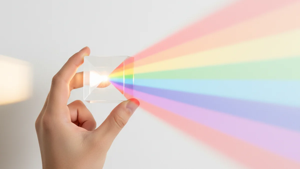 Mão segura prisma de cristal que divide feixe de luz em espectro colorido amplo.