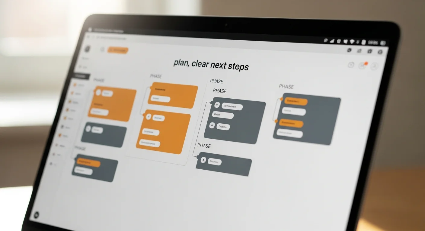 Tela de laptop mostrando planejamento de carreira em fases — próximos passos organizados