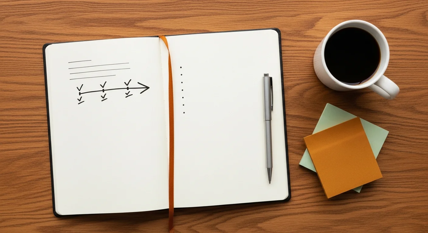 Caderno aberto com plano de carreira escrito à mão em mesa de madeira — caneta e café ao lado