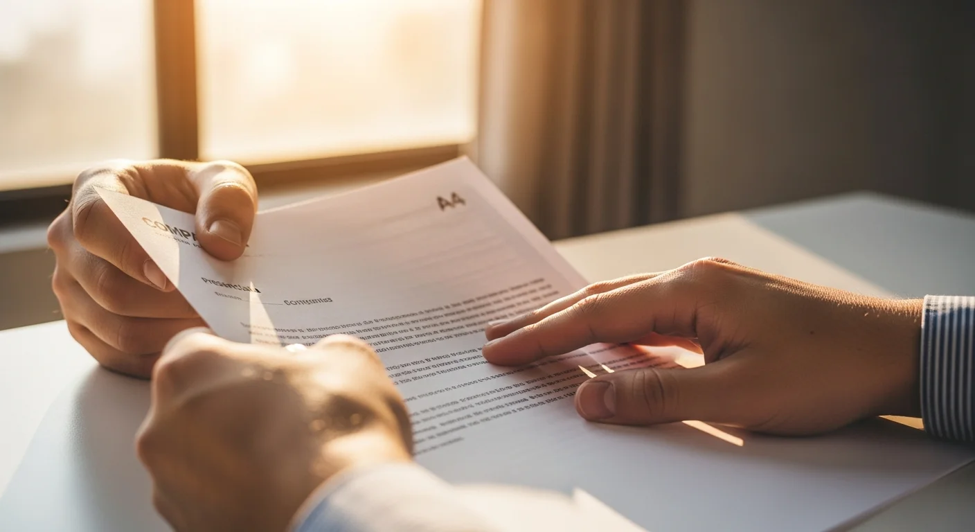 Mãos segurando carta impressa de retorno presencial obrigatório — momento de receber a notícia de fim do home office