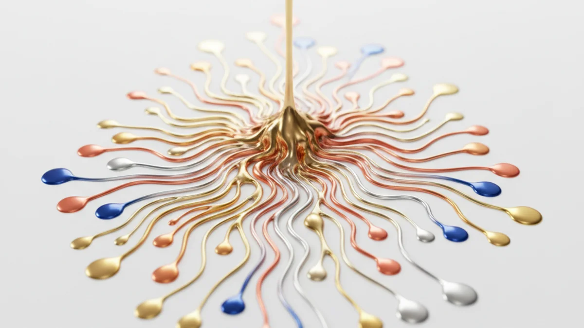 Líquido metálico se ramificando em centenas de caminhos únicos e coloridos sobre superfície branca.