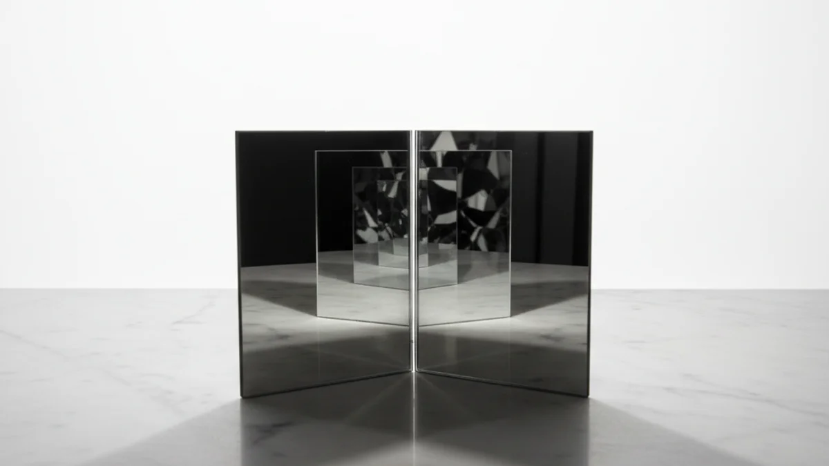 Dois espelhos frente a frente criando corredor infinito de reflexos que escurece progressivamente.