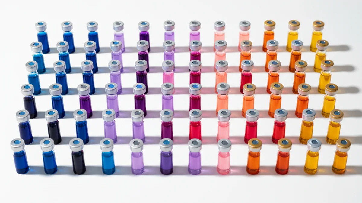 Grade de frascos de vidro com líquidos em tons diferentes, simbolizando personalização individualizada.