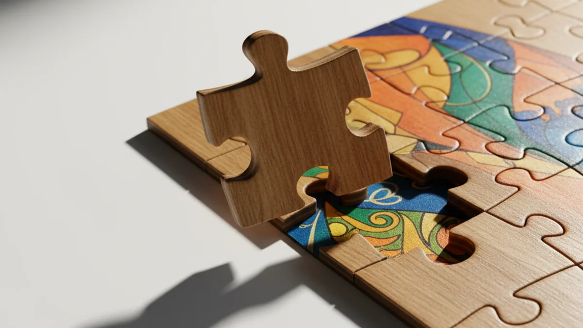 Peça de quebra-cabeça se encaixando em puzzle completo sobre superfície branca.