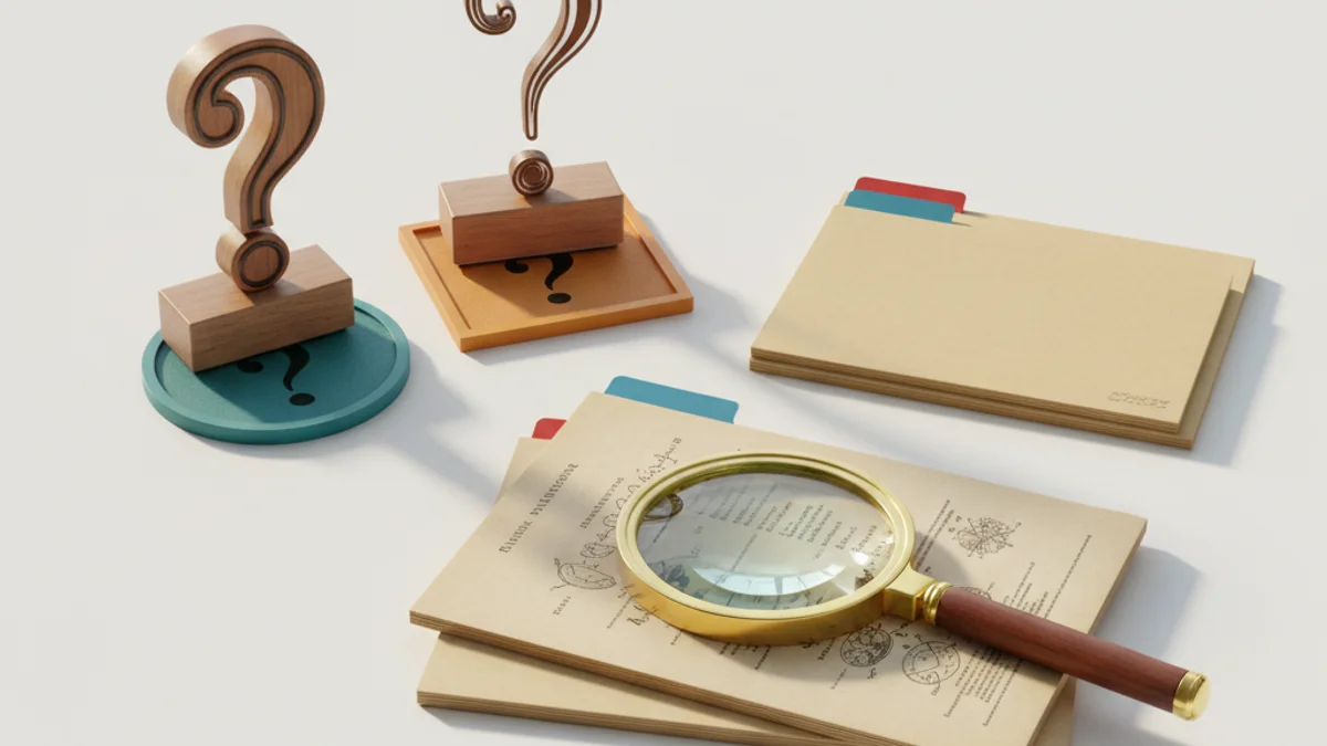 Carimbos de interrogação vintage sobre mesa com pastas organizadas e lupa.