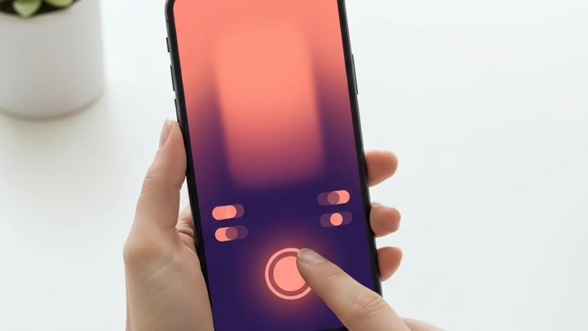 Mãos segurando smartphone com interface colorida e abstratas métricas de anúncio na tela.