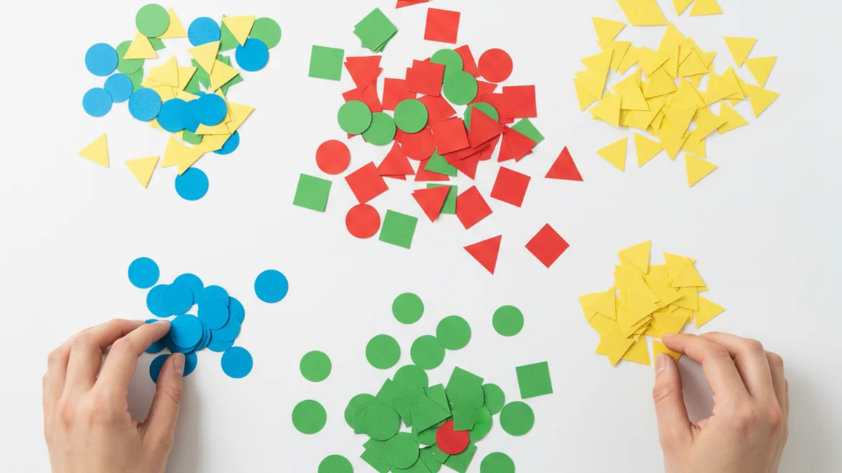 Mãos organizando formas geométricas coloridas em grupos distintos sobre superfície branca.