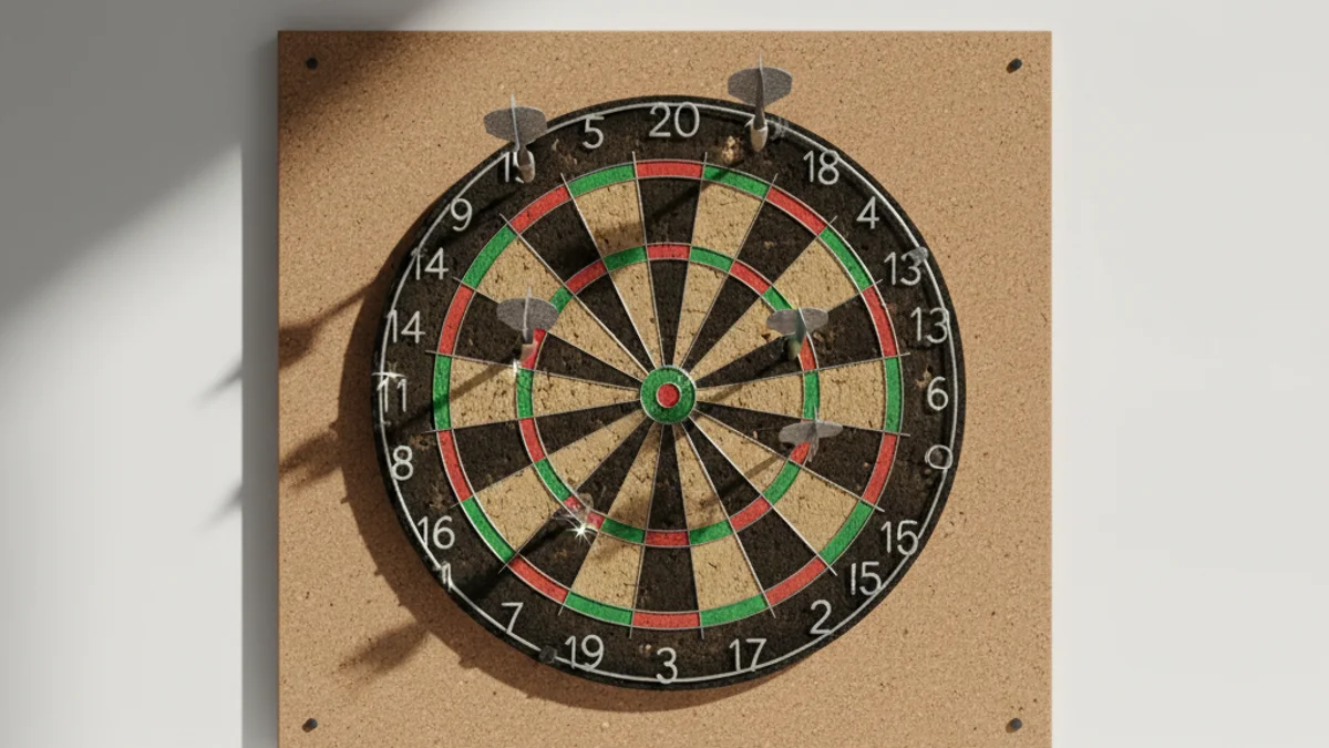 Dardos fincados nas bordas de um alvo, nenhum próximo ao centro.