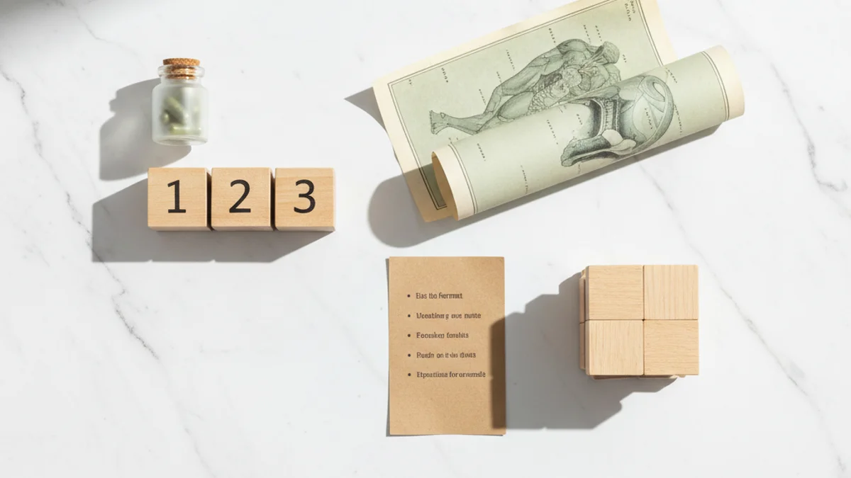 Objetos médicos organizados em grupos distintos sobre superfície de mármore branco.